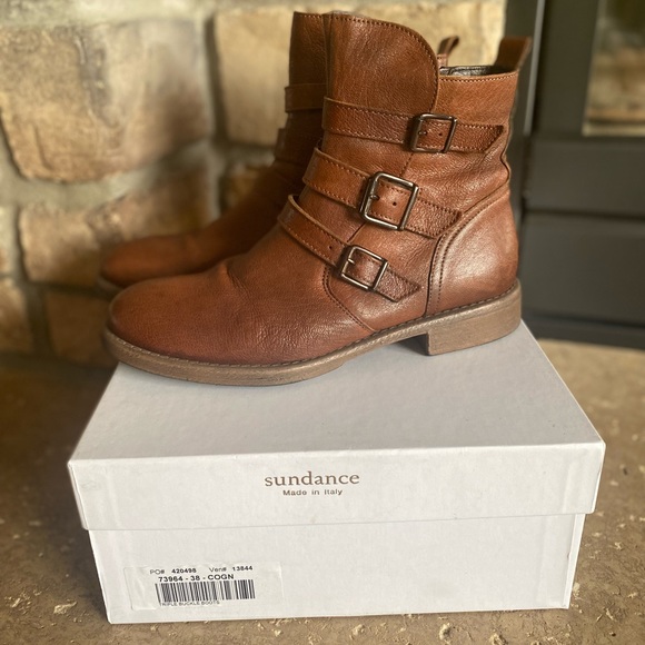 Sundance Shoes - Sundance Cognac Leather Ankle Boots with zip & three straps & buckles, size 8